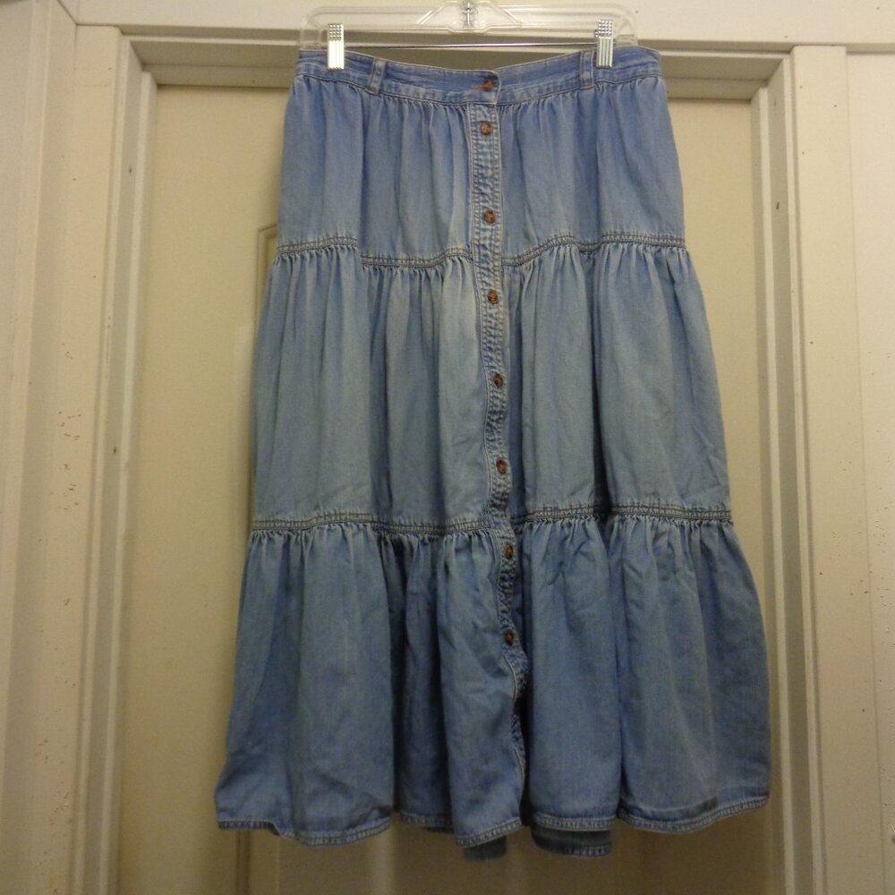 TRENDING COWGIRL VINTAGE LIGHT FADE WASH TIERED MIDI SKIRT X LG